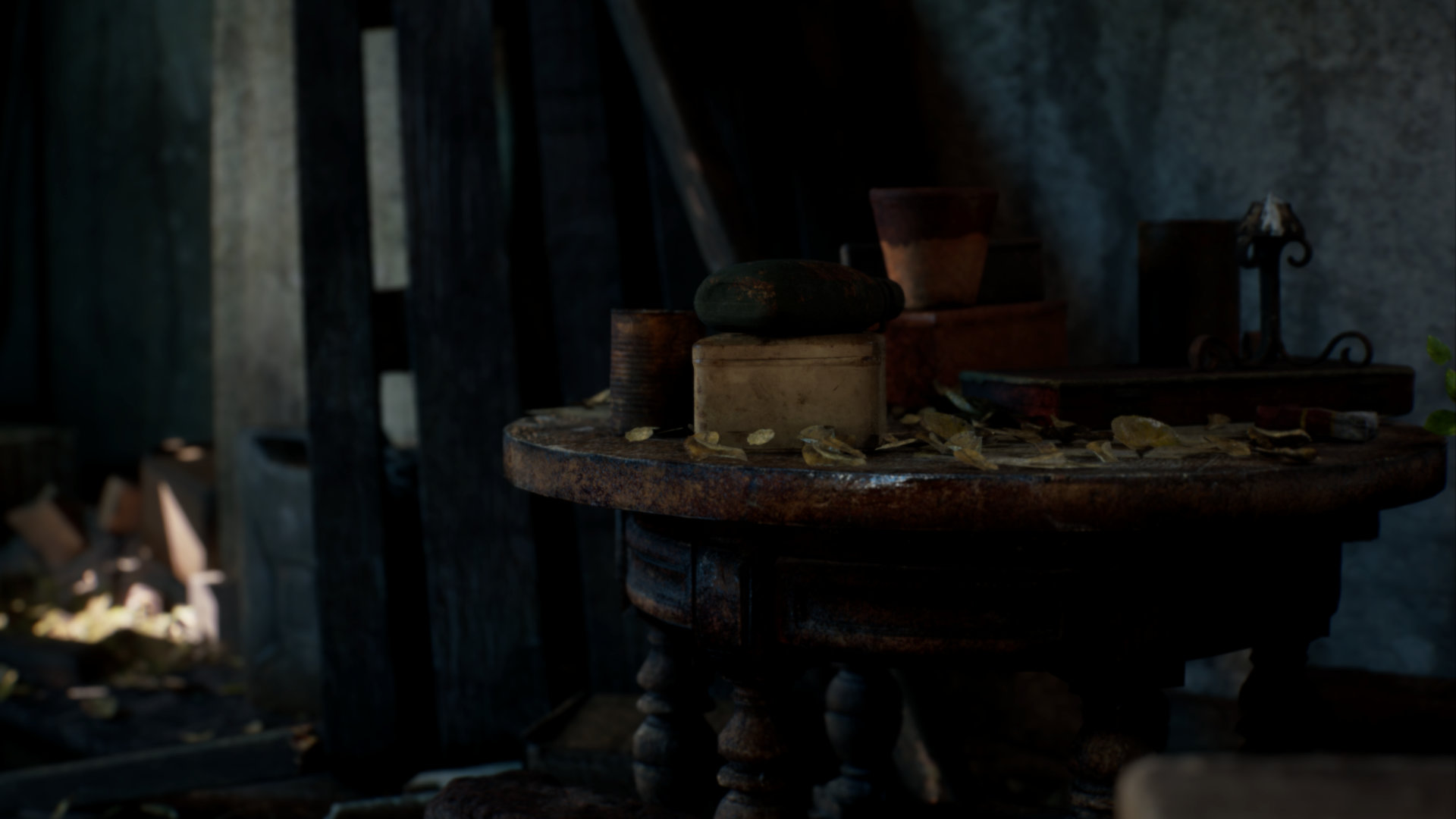 Screenshot of a table in the Megascans Abandoned Apartment scene in Unreal Engine created with the Cinematographer camera plugin.